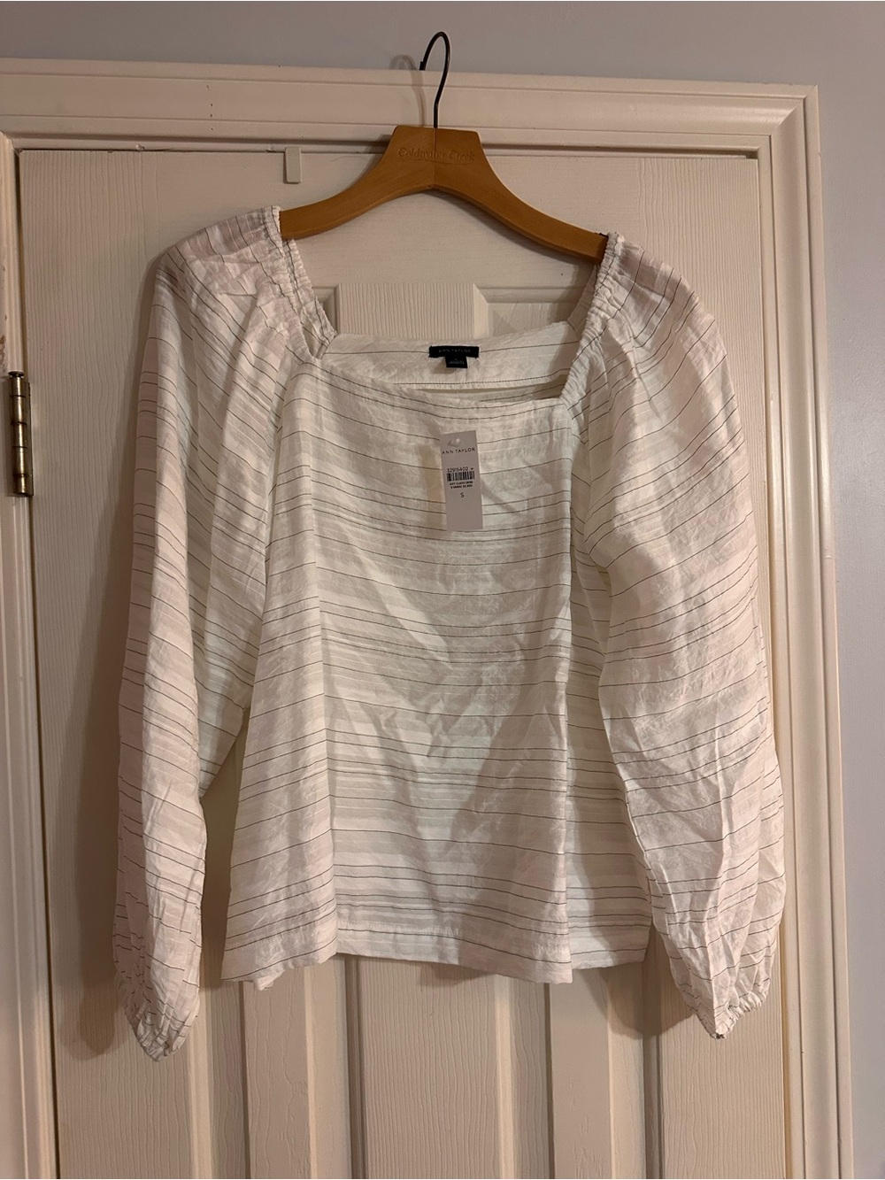 Ann Taylor Women's Sz S White Striped Puff Sleeve Square Necked Semi Sheer Top